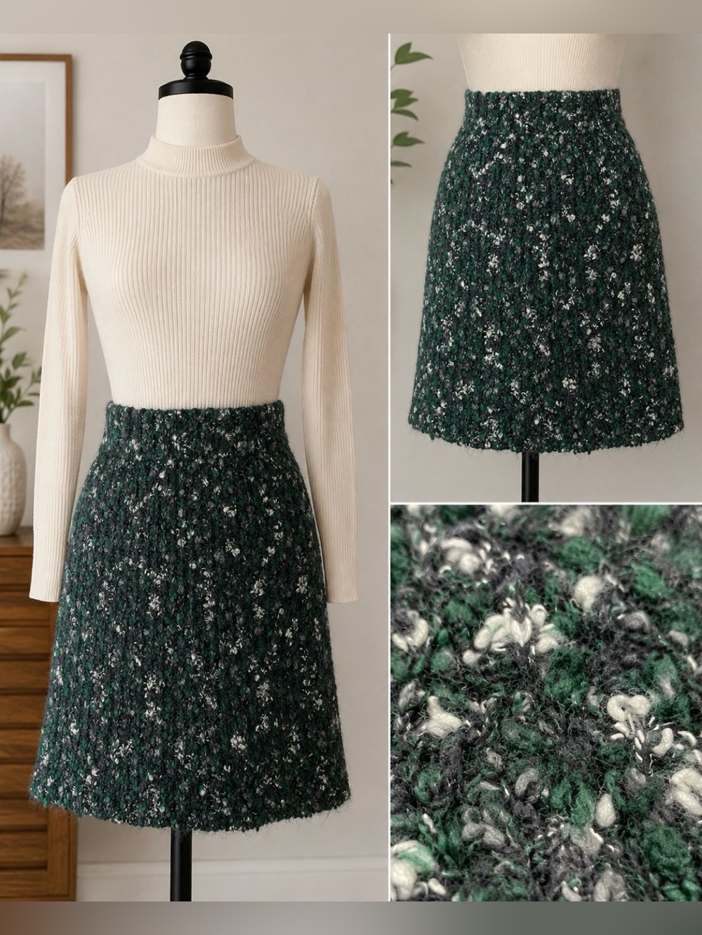 Kenar Green Boucle Wool Alpaca Mohair Knit A-Line Skirt Size 8